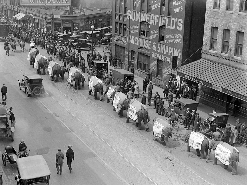 Desfile de elefantes de un circo cercano a Boston, 1925. Boston Public Library